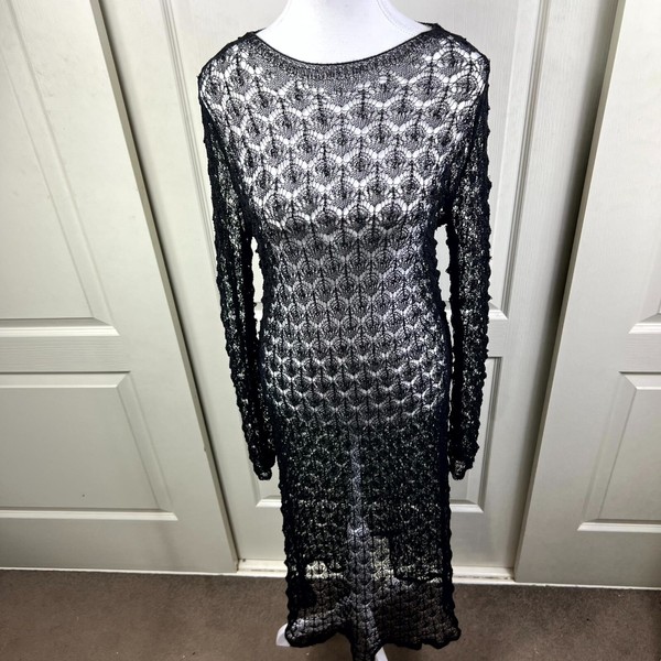 Zara Womens Maxi Dress Size Medium Black Open Knit Sheer Long Sleeve Lightweight