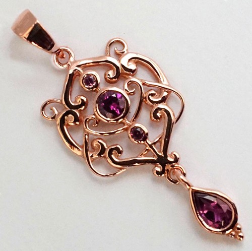 PE104 Genuine 9K or 14K Yellow, Rose,White Gold NATURAL Rhodolite Scroll Pendant - Picture 1 of 7