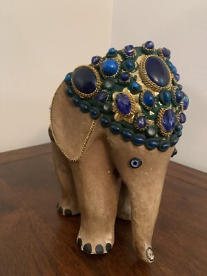 Vintage Painted Ceramic Folk Art Elephant Embellishments Bejeweled Signed 9 