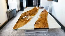 48"x24" White Epoxy Top Resin Dining Table Live Edge Kitchen Slab Wooden Decors
