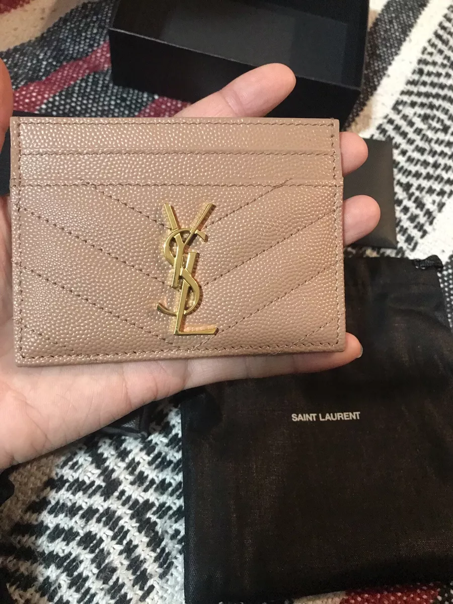 Yves Saint Laurent Monogram Card Case Grain Embossed Leather Pink Gold YSL