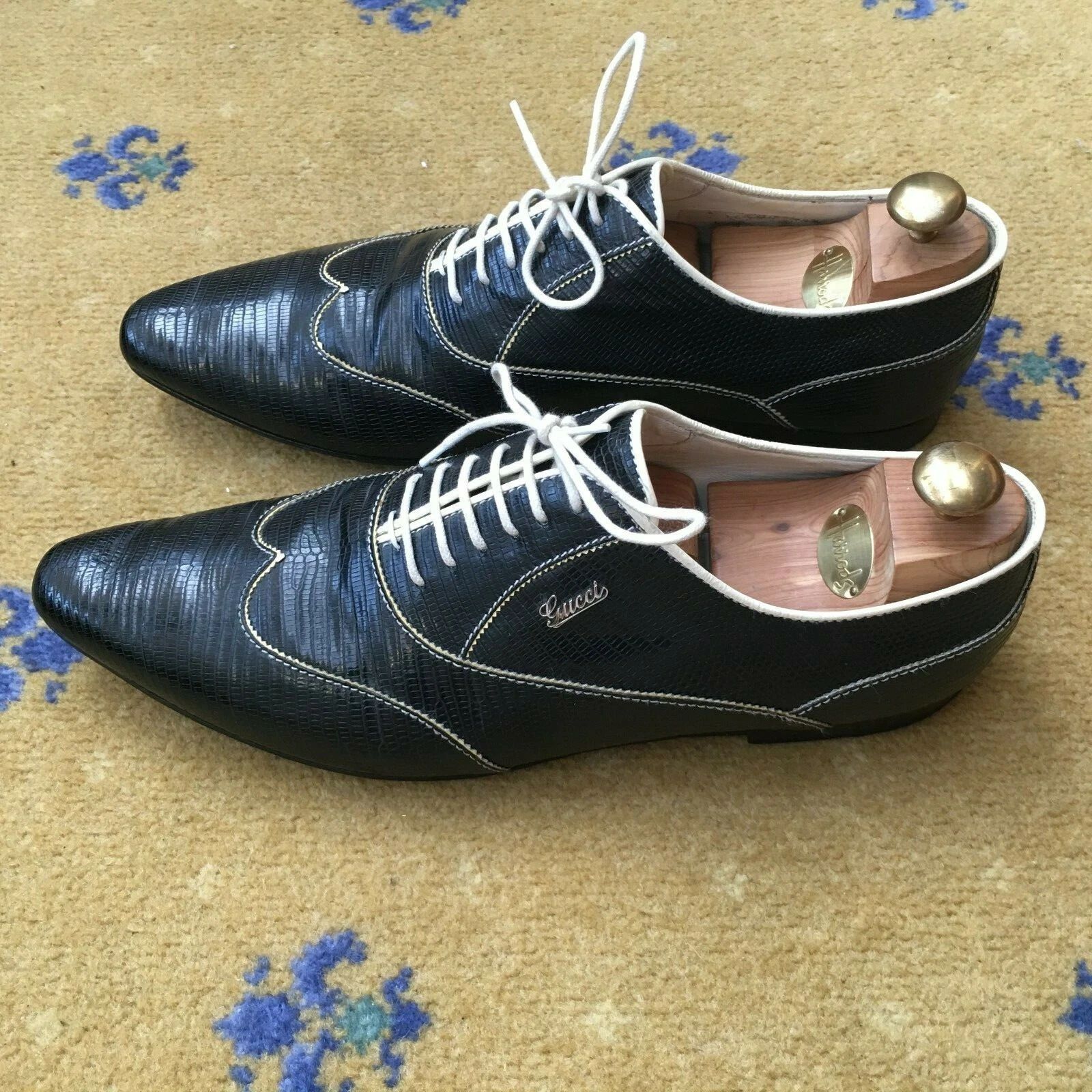 Chaussures Gucci lézard dentelle cuir noir écriture homme UK 10,5 US 11,5 EU 44,5