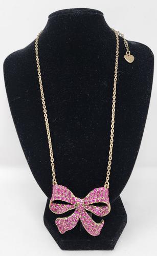 Betsey Johnson Necklace Hot Pink Crystal Rhinestone Bow Ribbon Gold Tone Pendant