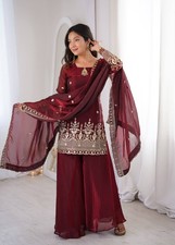 Stunning Look Heavy Silk Maroon Top Palazzo With Dupatta For Wedding Wear