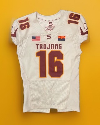 Savage Sports Youth Medium Trojans #16 Rubi Football Jersey - White