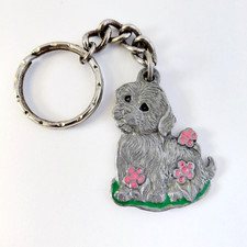 Vintage 1980 Pewter I Love My Puppy Keychain Maltese Enamelled Pink Green Signed