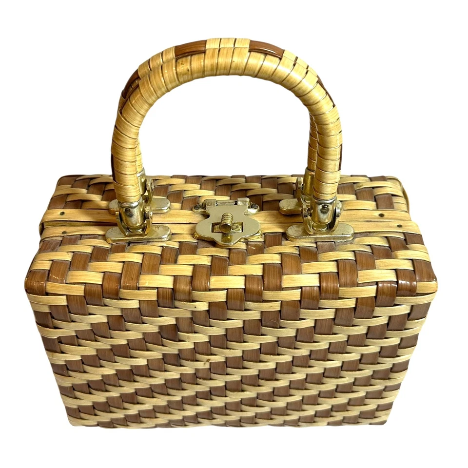 Винтажный 50-х/60-х коричневый и бежевый сплетенный соломы коробка сумка Дамская сумка Гонконг - Изображение 2 из 4