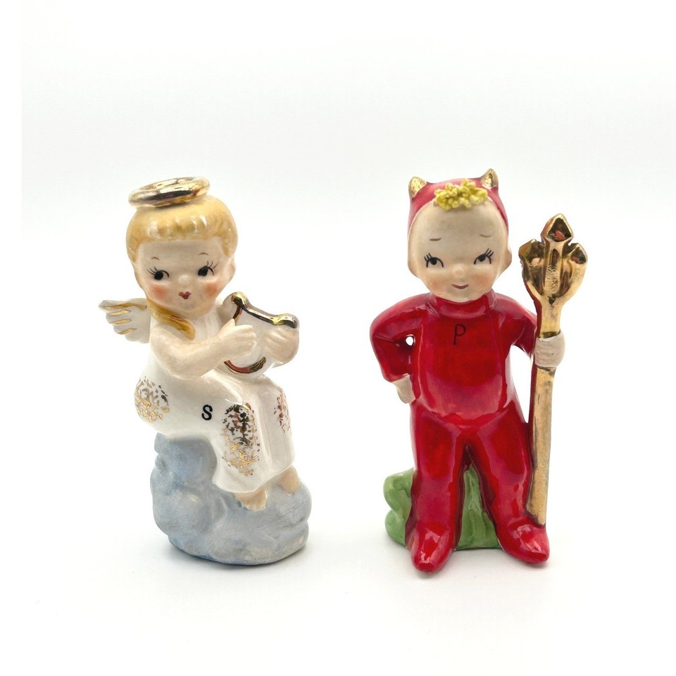 1950s Japan-made angel & devil salt and pepper shakers — a genuinely rare mid-century kitsch pair with instant shelf presence and a perfect good-vs-evil gag angle.