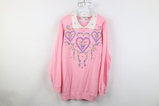 Vintage 90s Streetwear Womens Large Country Flower Heart Collared Sweatshirt USA