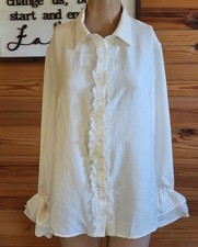 White Ruffle Lace Trim Button-Up Blouse Top Women's Size Medium