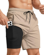 Men Swim Trunks with Compression 7 Inches Breathable Liner Quick Dry Zipper Pock