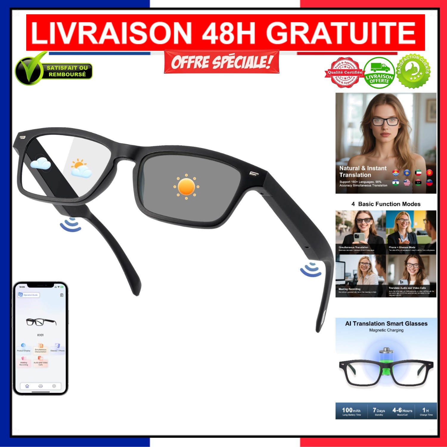 Lunettes connectées Tulbeys contre la fatigue oculaire avec traduction instantanée sans écran