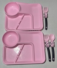 Fun Begins Toddler Plate Construction Theme Dinner set Pink 2 Trays 2 Fork Spoon