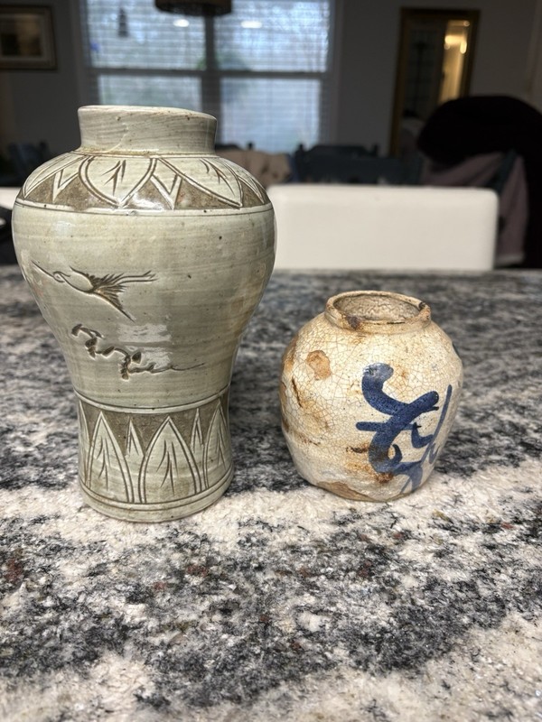 Korean Ceramic Celadon Vase with Inlaid Crane Design and Small Gray Blue Jar