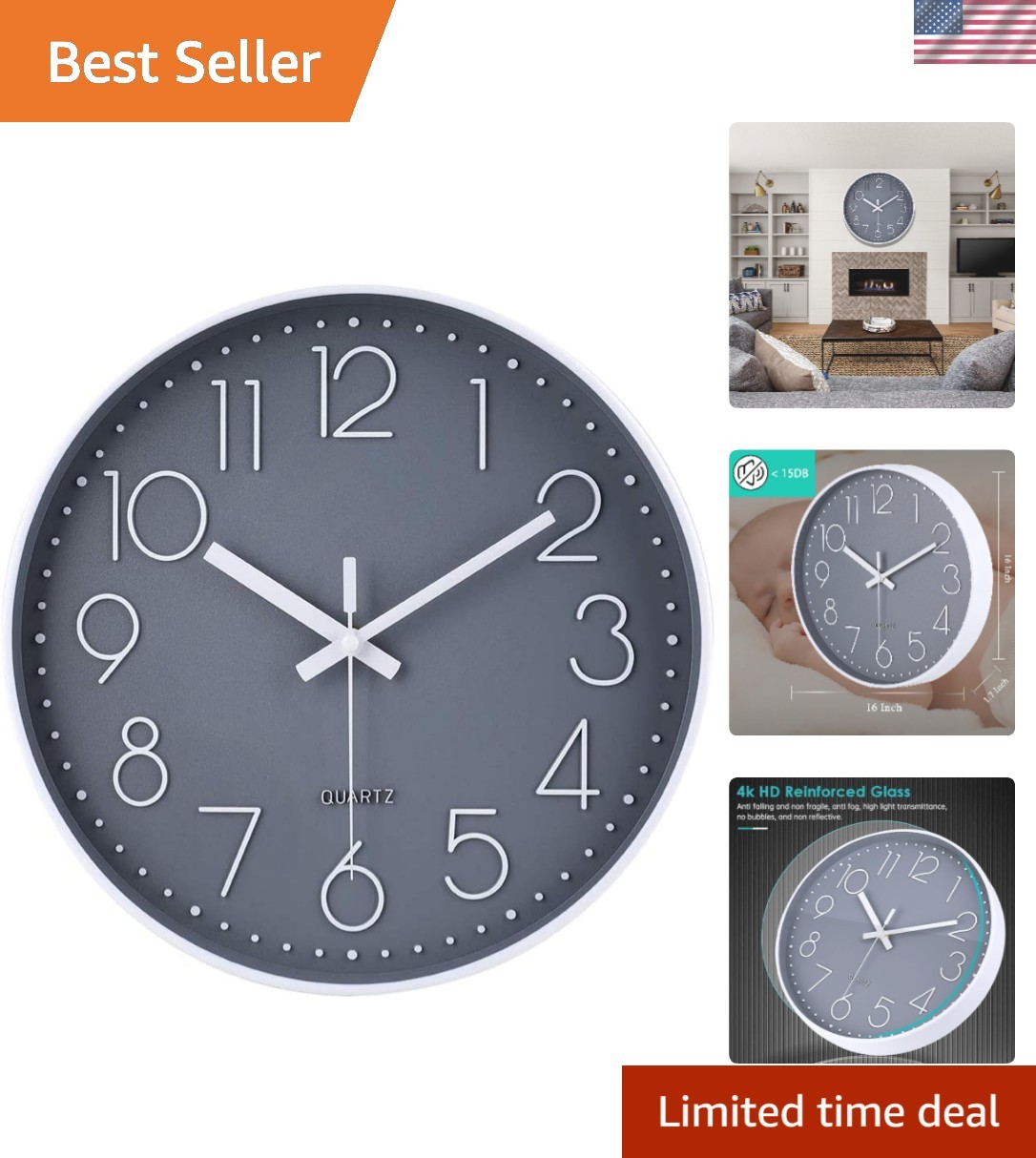 Contemporary 16 Inch Wall Clock - Silent Quartz Timepiece for Home