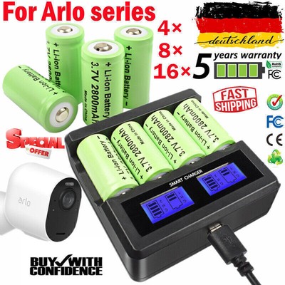 2800mAh 3.7V Wiederaufladbare 2.8Ah Akku + Ladegerät für Arlo Kamera CR123 2024