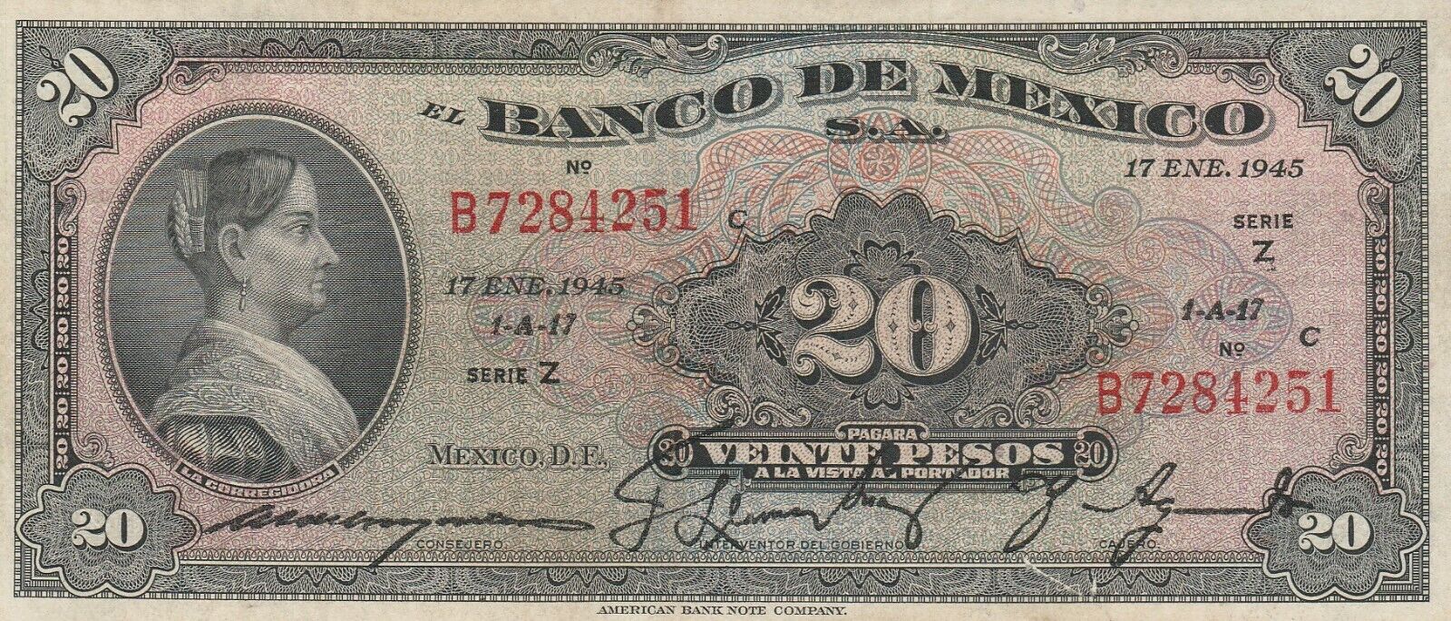 Mexico:  Pesos La Corregidora Jan 17, 1945 El Banco de Mexico