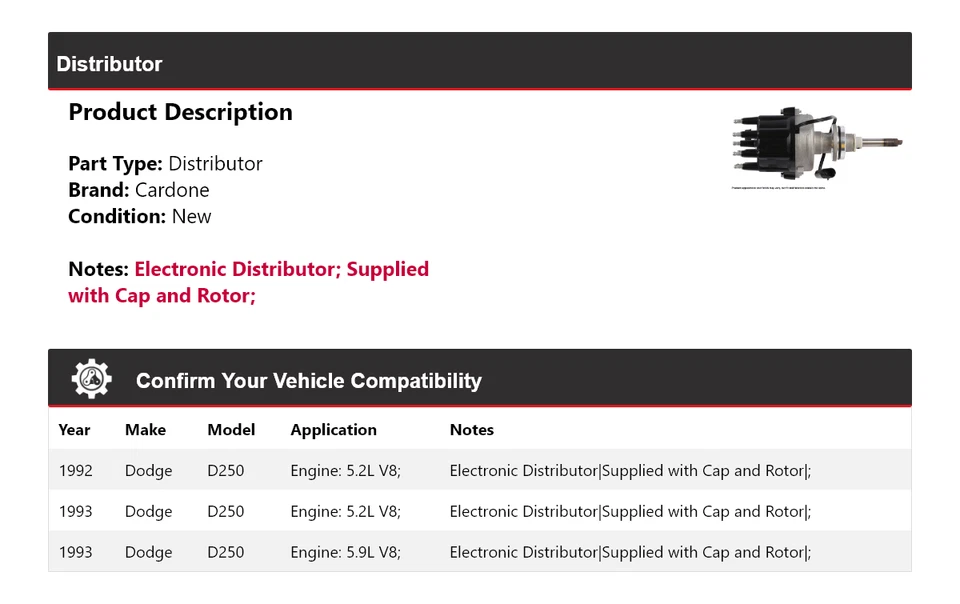 Cardone distribuidor Dodge D250 1992-1993 Foto 2 de 4