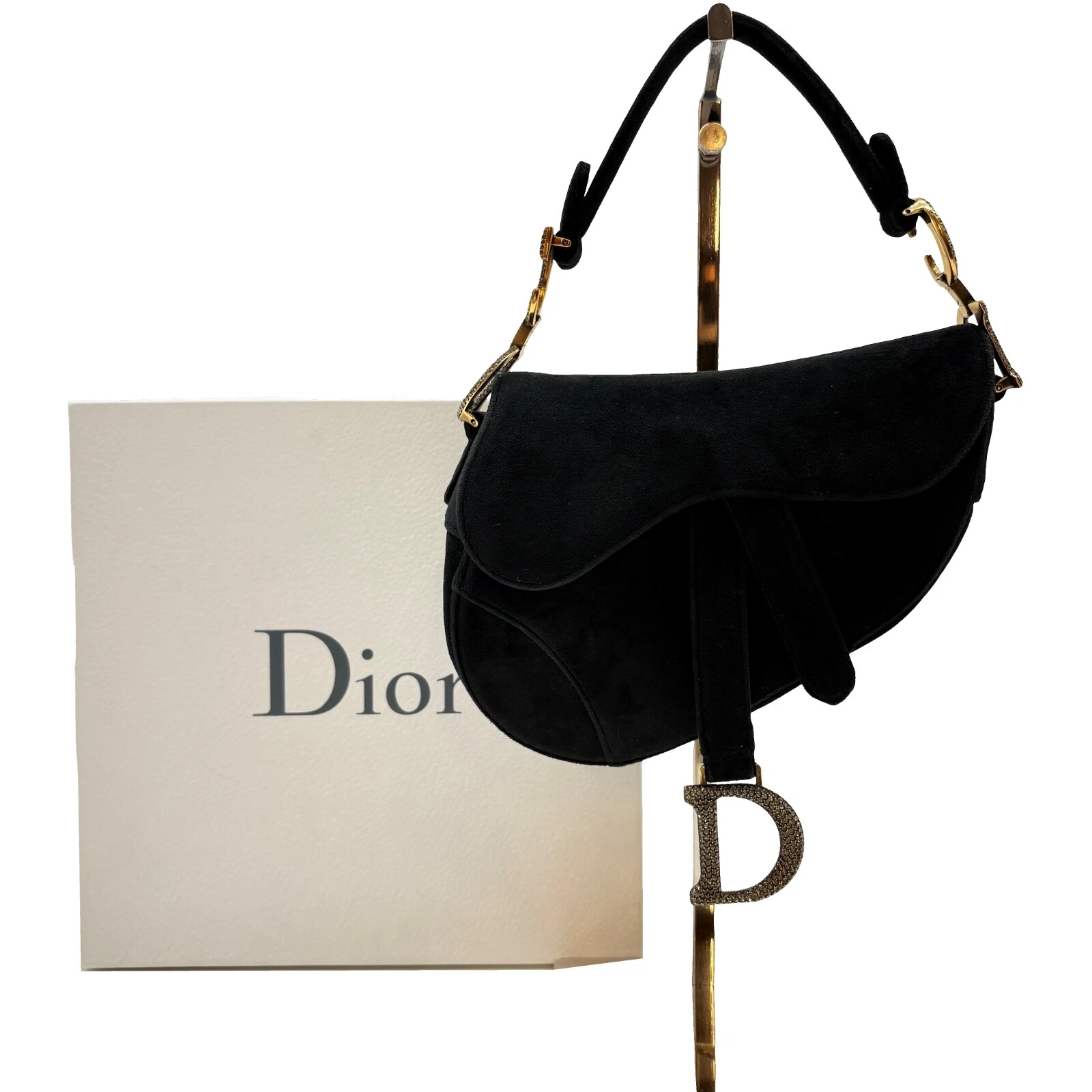 Authentique sacoche de selle Christian Dior sac à main velours noir #36635760