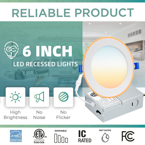 6 inch 5CCT Ultra-Thin Baffle Recessed Lighting,Dimmable Canless Wafer Downlight - Picture 3 of 29
