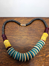 Vintage Boho Chunky Wood Beaded Disc 24.5" Necklace Ethnic