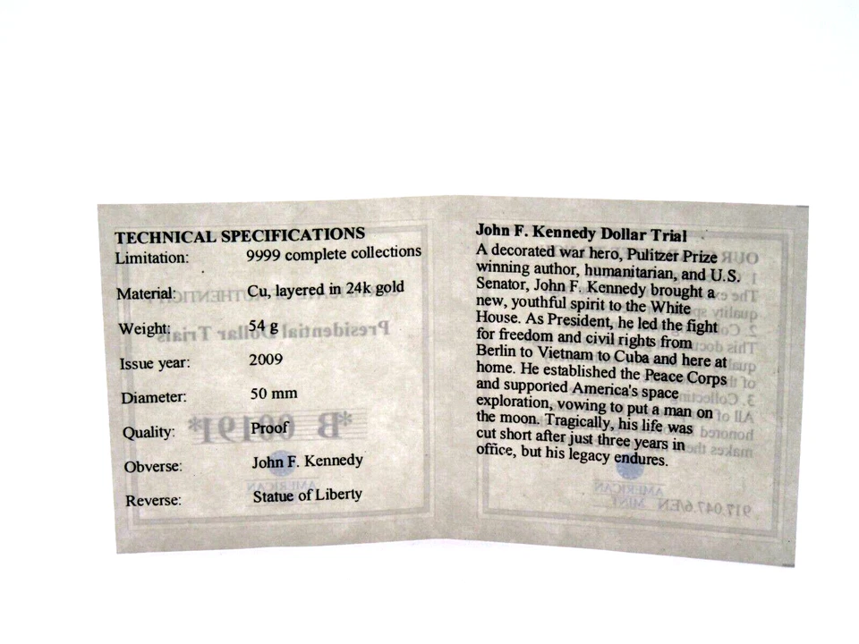 2009 American Mint John F. Kennedy 24K Layered Gold Proof Dollar Coin with COA - Image 3 of 4