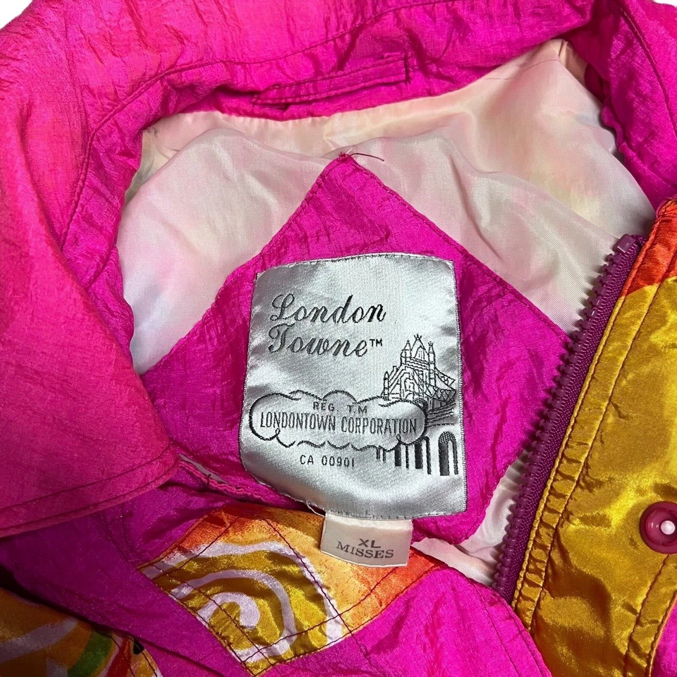 Chaqueta cortavientos vintage London Towne rosa neón bloque de color años 80 chaqueta XL Foto 4 de 4