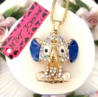 Betsey Johnson AB Crystal Elephant Baby 3D Gold Pendant Necklace Free Gift Bag