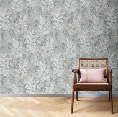 Rasch Struktur Effekt Garten Blatt Pflanze Blätter Metallic Grau Tapete 284576
