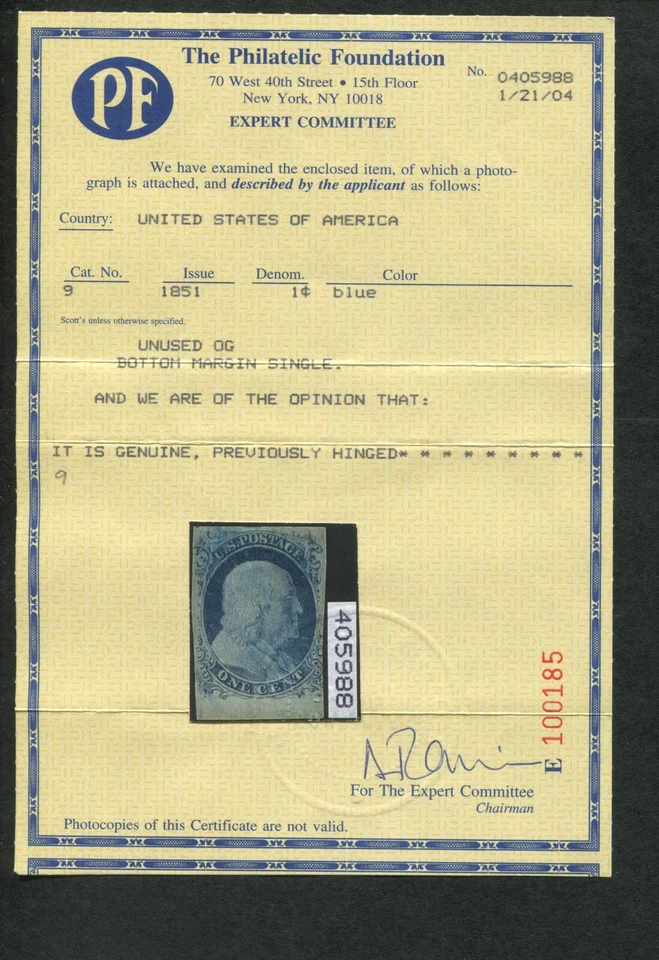 1852 United States Postage Stamp #9 Mint Hinged F/VF Original Gum Certified  - Image 3 of 3