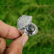 Natural Labradorite Gemstone Solitaire Adjustable Ring 925 Sterling Silver