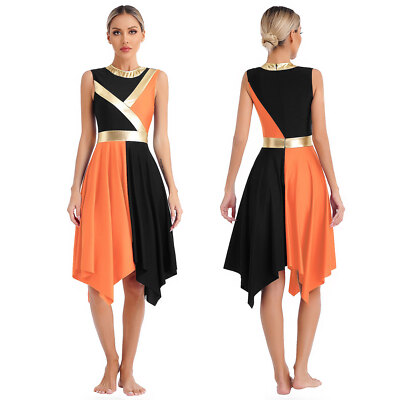 US Womens Costume Shiny Gown Color Block Dress Soft Dancewear Breathable Robe