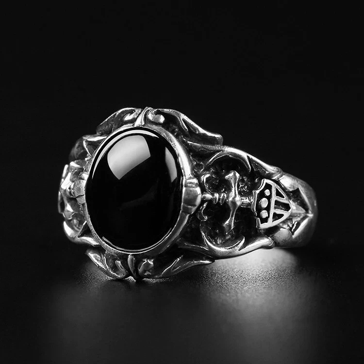 Antiguo Anillo de Acero de Titanio Plata Ágata Negra Hombres Punk Moda Joyería Foto 4 de 4