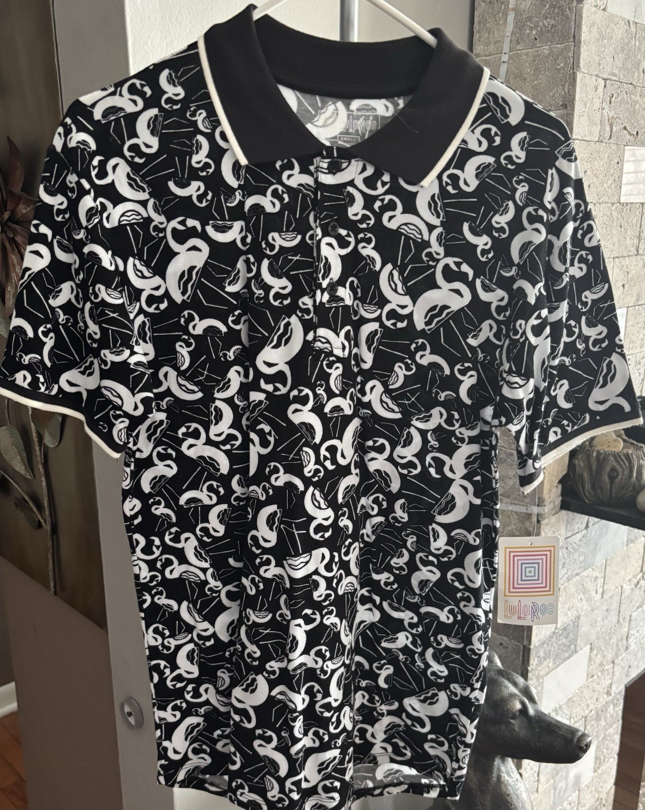 LuLaRoe Men's Black White Flamingo Animal Print Polo Shirt Short Sleeve Size L