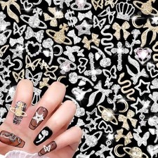 105 Pcs Silver Gold Nail Gems Charms, 3D Bows Star Nail Charms Silver Heart