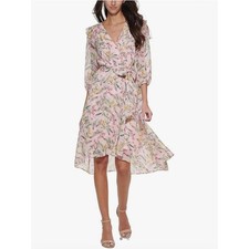 Tommy Hilfiger Women's Chiffon Faux-Wrap Midi Pink Floral Dress Size: 4 