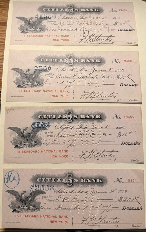 1903 Ellsworth MN, Citizens Bank, (4) Seaboard National Checks, Nobles County