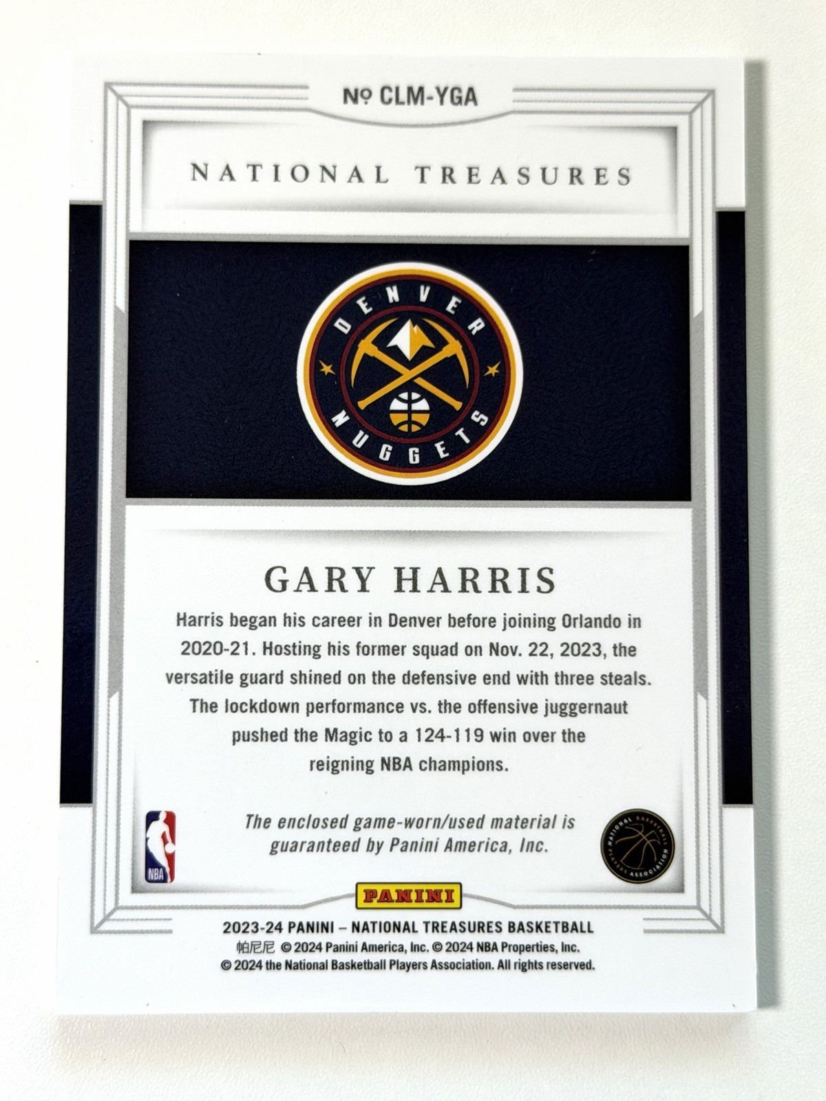 2023-24 Gary Harris Panini National Treasures NT Logoman /6 Nuggets CLM-YGA view 2