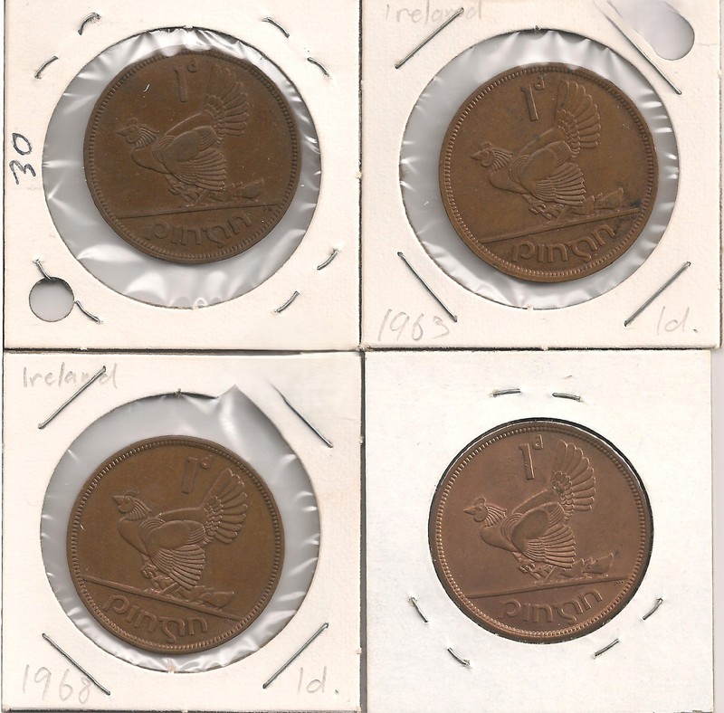 #A1219 Lot of 4 Irish Pennies Nice to Excellent condition Chicken/ Irish Harp
