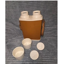 Vintage Universal Double Thermos Canteen Brown Leatherette Strap Cups Made USA