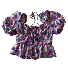 ASTR Womens Medium Floral Bustier Corset Puff Sleeve Milk Maid Peplum Feminine