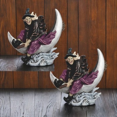 2-PC Gift Set 5''H Witch Riding on Moon Figurine Ornament Home Decor Unique Gift