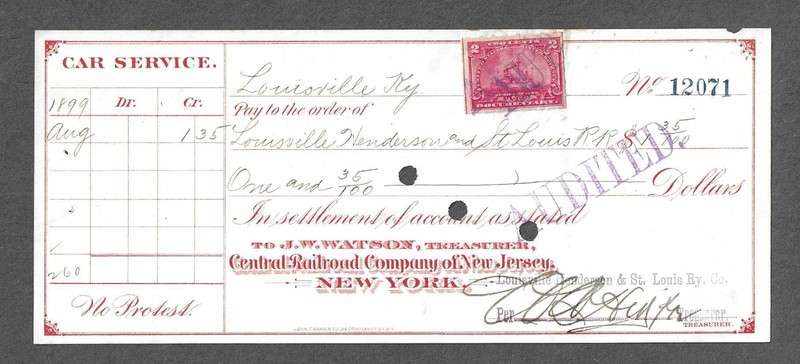 1898 Louisville Kentucky Railroad Bank Draft