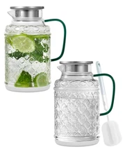 2 PACK Glass Pitcher with Lid 64 oz/ 1.8 Liter Vintage Glass Water Pitcher An...
