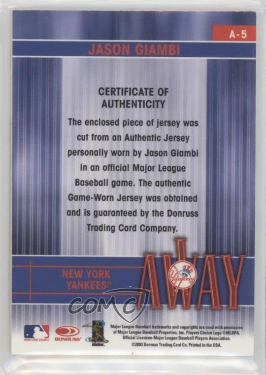 2004 Leaf Home/Away Jerseys Jason Giambi #A-5 - Image 2 of 2