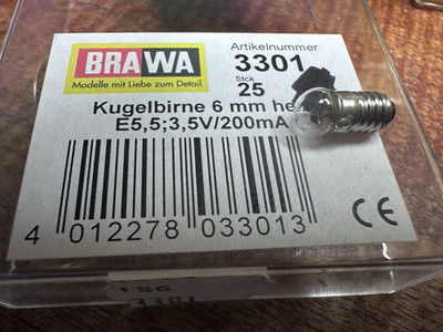 Brawa  Kugelbirne Spherical  3301 Bulb 3.5v Clear 200mA