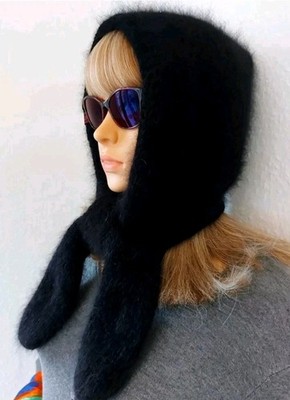Knitted Angora Hood with ties, Knitted Angora Scarf-Bonnet, Knitted Wool hat