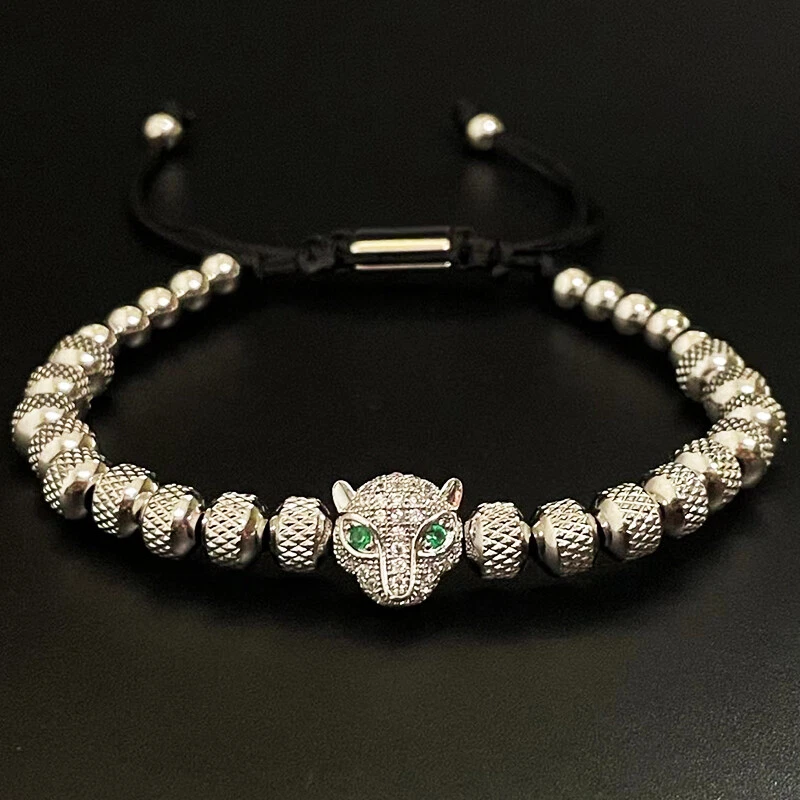 Luxo contas de aço inoxidável com miçangas cabeça de leopardo homem pulseiras pulseira feminina presente - Imagem 2 de 4