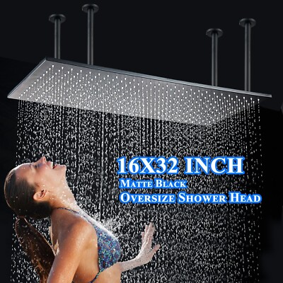 Black 16''x32'' Rain Shower Head High Pressure Large Rainfall Top Sprayer Brass