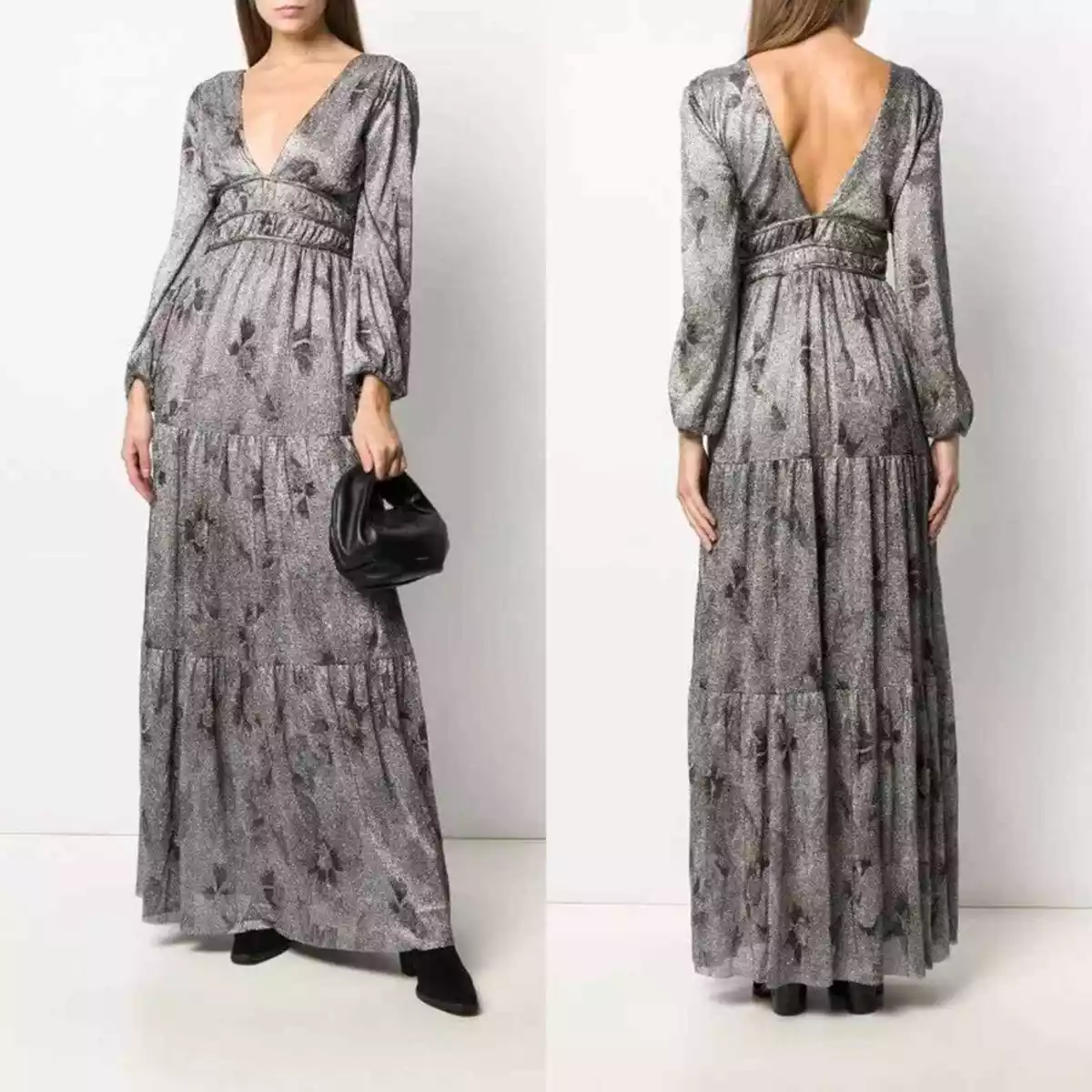 BA&SH metallic silver floral Lili Noir long sleeves maxi dress size XS party